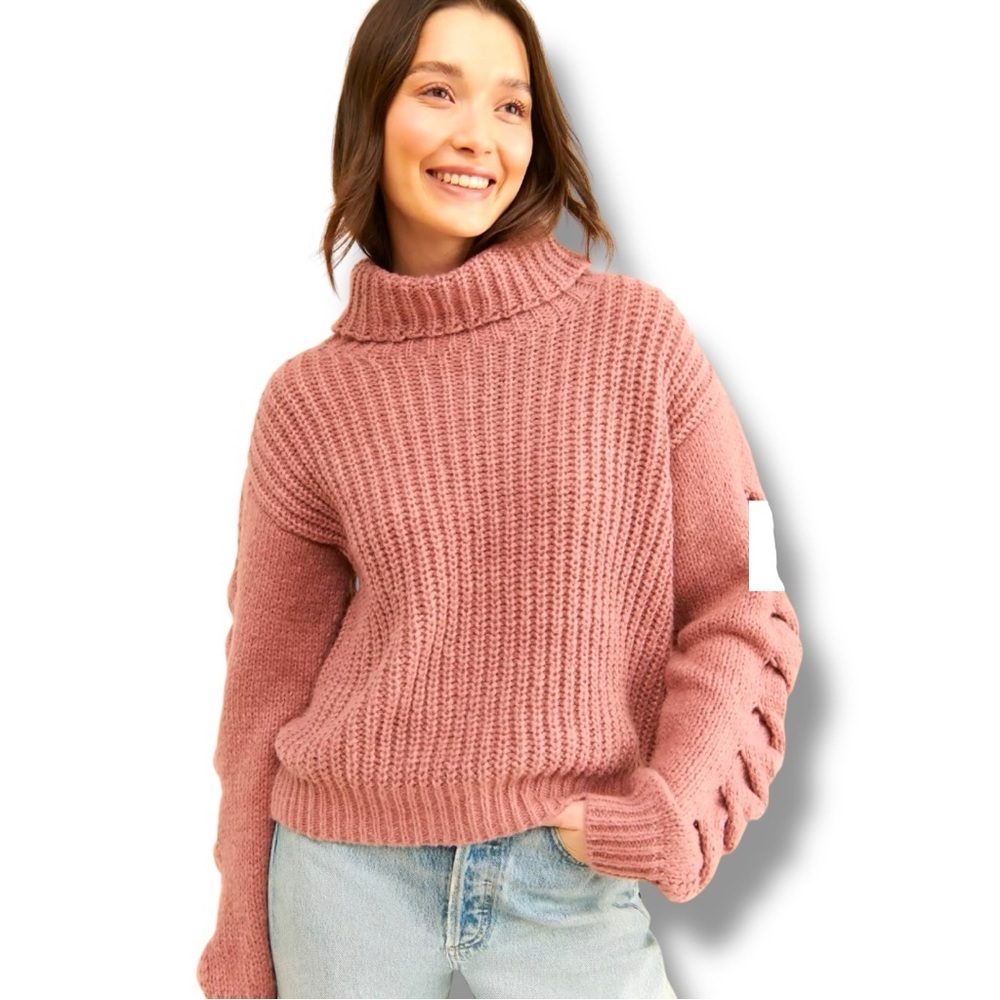 Vigoss Cozy Dusty Rose Rollover Knit Braided Sleeve Detail Turtleneck Sweater